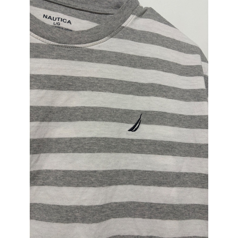 Nautica Mens Large Grey White‎ Striped Short Sleeve Cotton T-Shirt Crewneck Logo - Picture 3 of 4